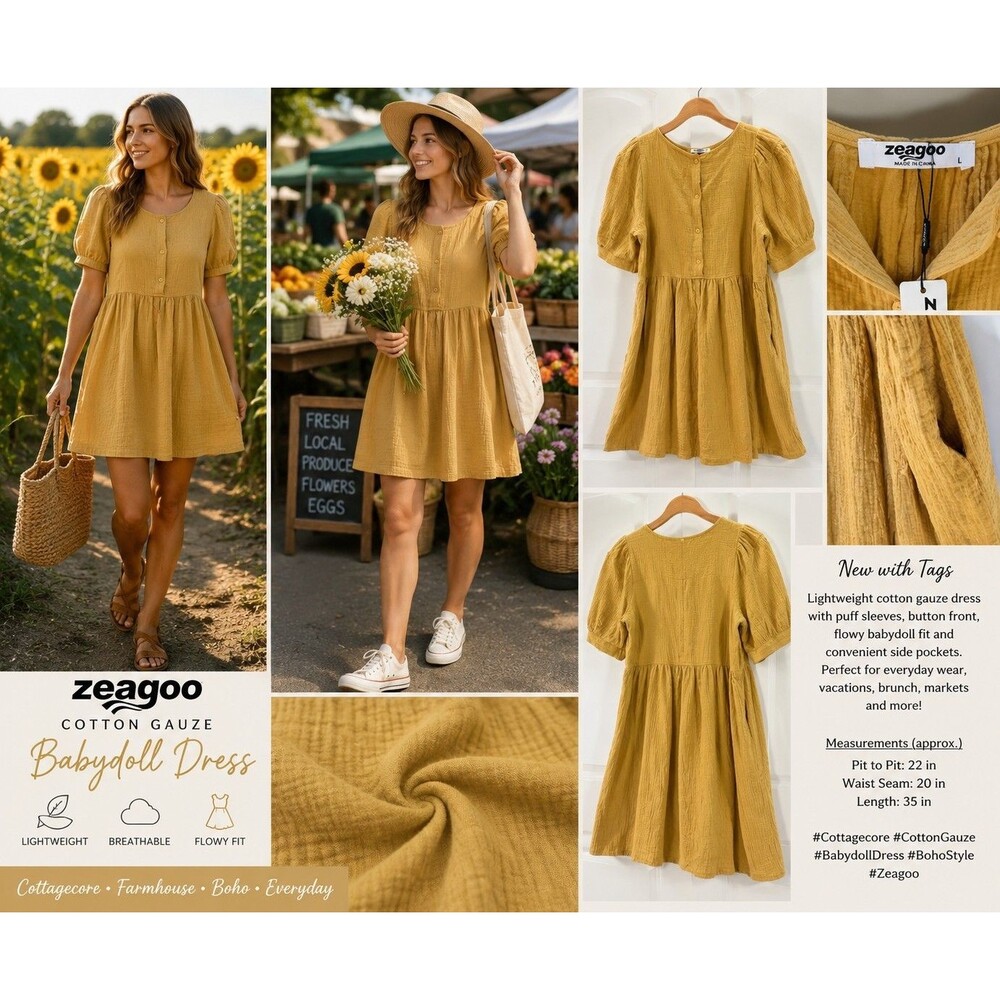 New Zeagoo Women L Mustard Cotton Gauze Babydoll Mini Dress Cottagecore Pockets